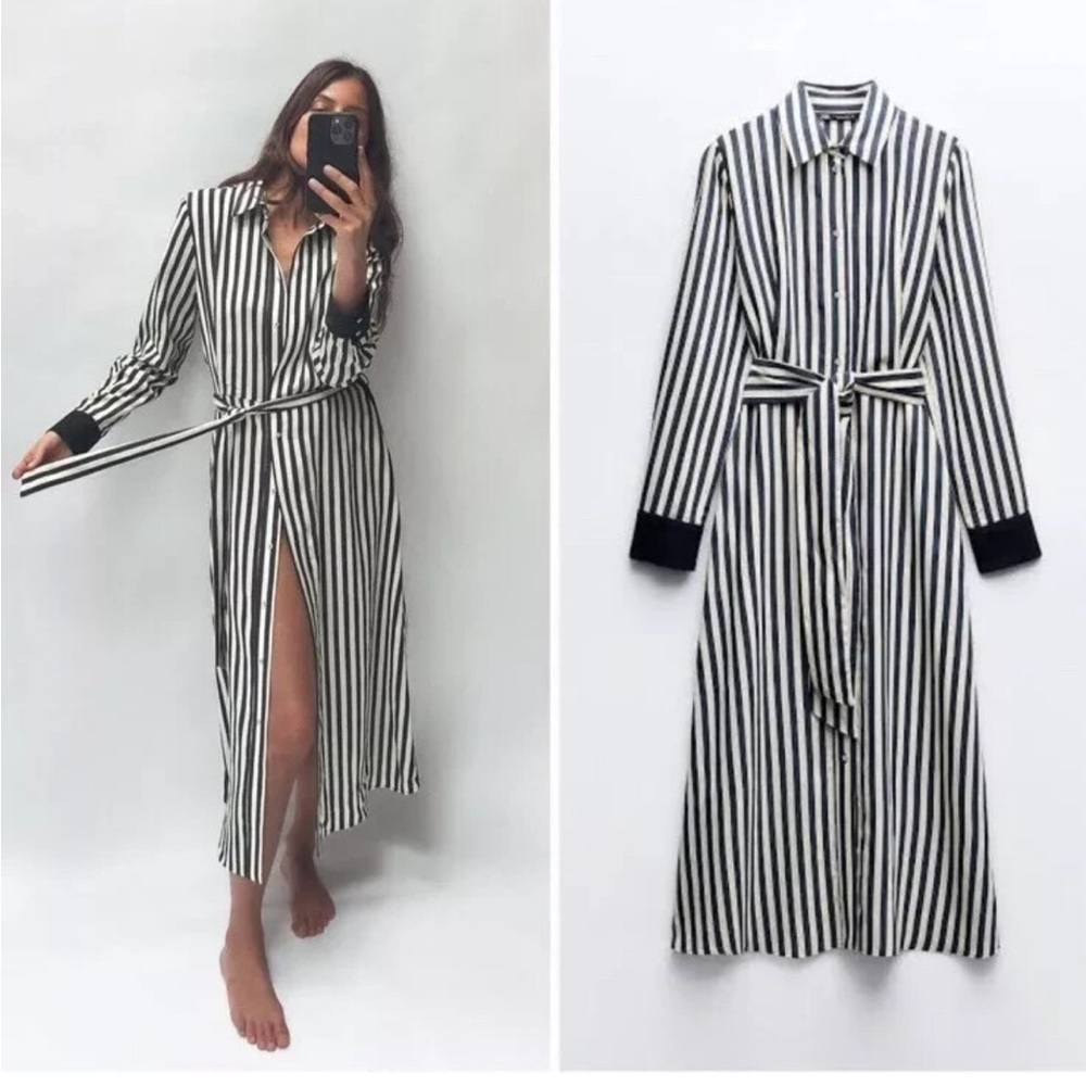 NWOT ZARA Navy And White Stripe Long Sleeve Button Up Shirt Dress. Size XS